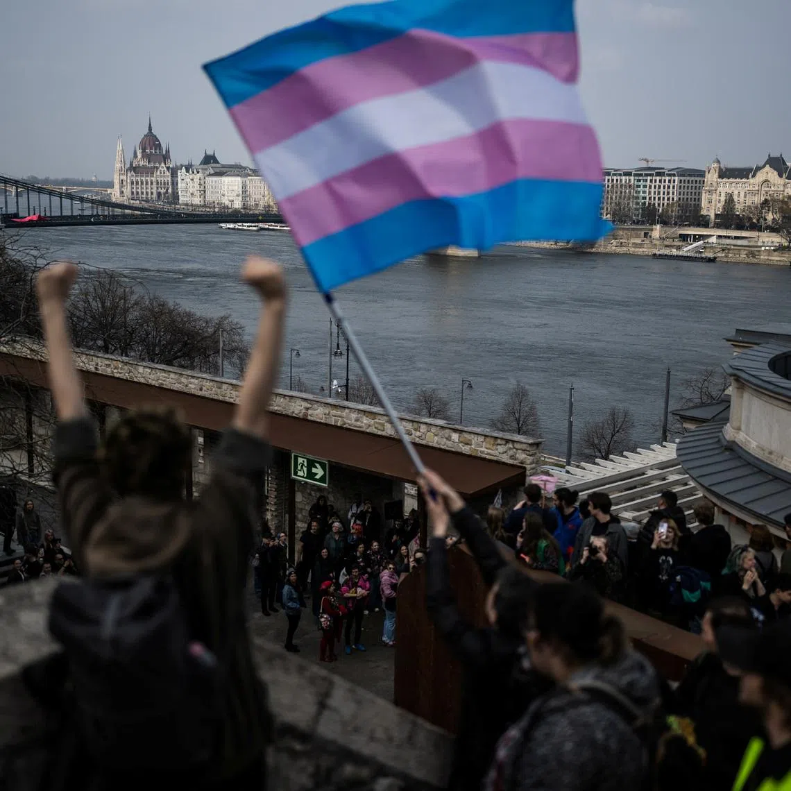 A transgender flag is held during a march after the Hungarian parliament passed a law that bans LGBTQ+ communities from holding the annual Pride march and allows a broader constraint on freedom of assembly, in Budapest, Hungary, March 30, 2025. REUTERS/Marton Monus