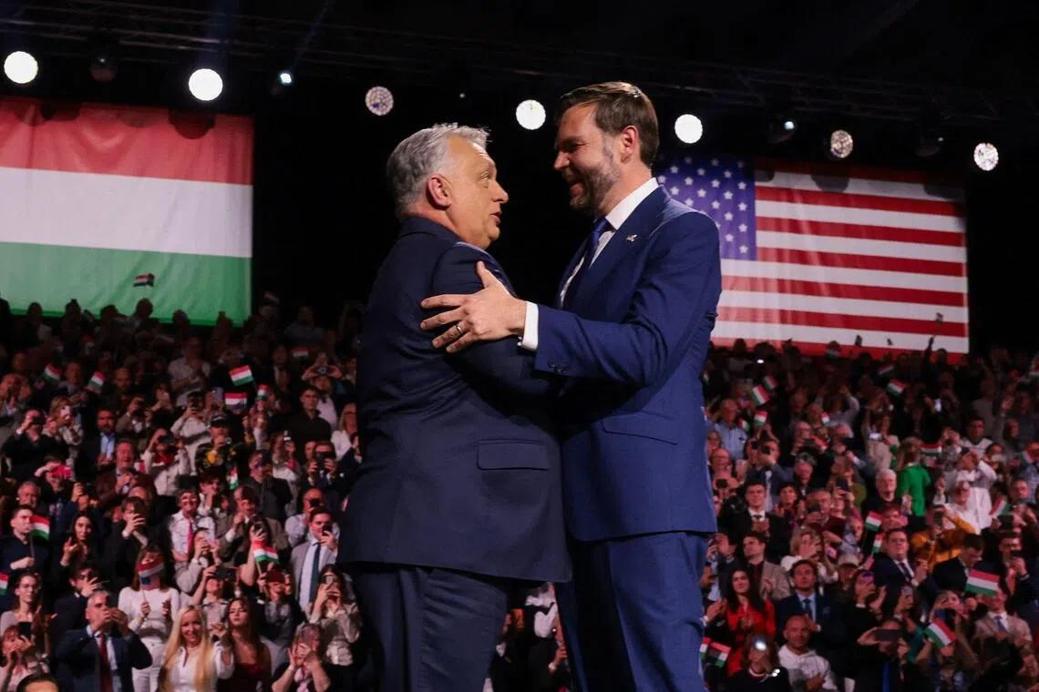 Hungarian Prime Minister Viktor Orban  (left) and US Vice-President J.D. Vance on stage during a "Day of Friendship" event in Budapest, Hungary, on April 7.