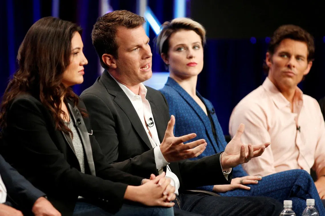 FILE PHOTO: Executive producer and writer Lisa Joy (L-R), executive producer, writer and director Jonathan Nolan, cast members Evan Rachel Wood and James Marsden participate in a panel for the series \"Westworld\" at the HBO Television Critics Association Summer Press Tour in Beverly Hills, California July 30, 2016. REUTERS/Danny Moloshok/File Photo