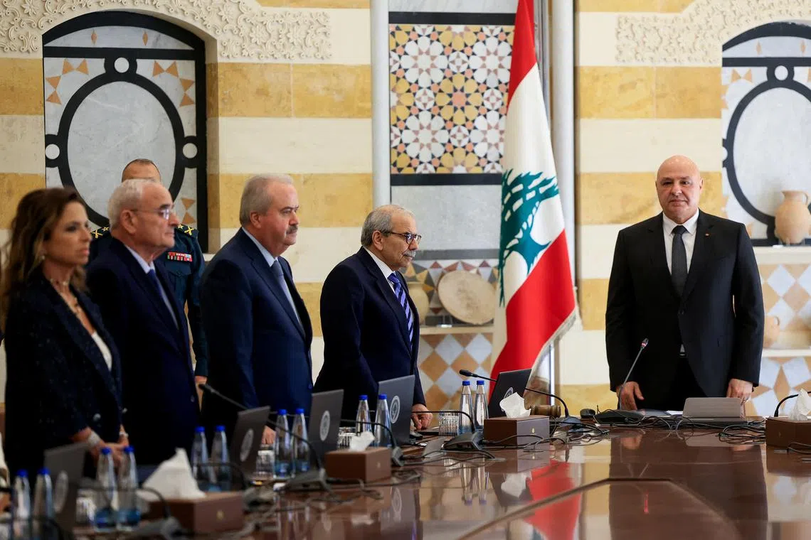 (From right) Lebanese President Joseph Aoun, Prime Minister Nawaf Salam and members of the Cabinet meeting on Sept 5 to discuss the army's plan to disarm Hezbollah.
