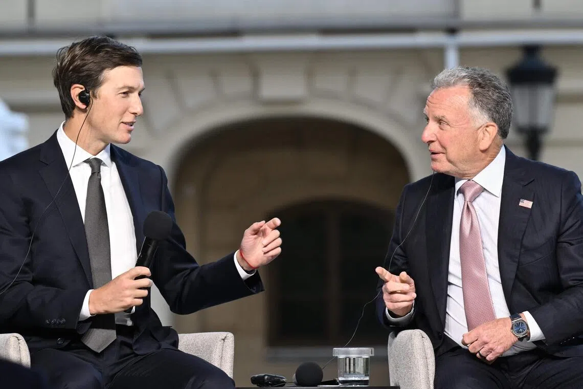 Middle Eastern business executives with ties to US envoys Steve Witkoff (centre) and Jared Kushner (right) would reportedly benefit from the deal.