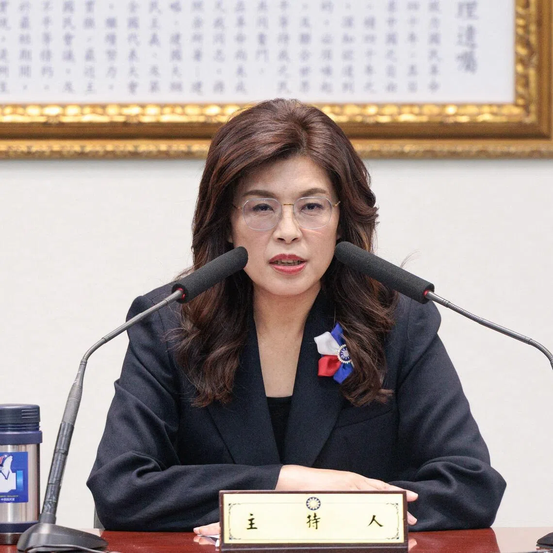 Kuomintang chairwoman Cheng Li-wun speaks during a press conference in Taipei on June 1, 2026, ahead of her visit to the United States.