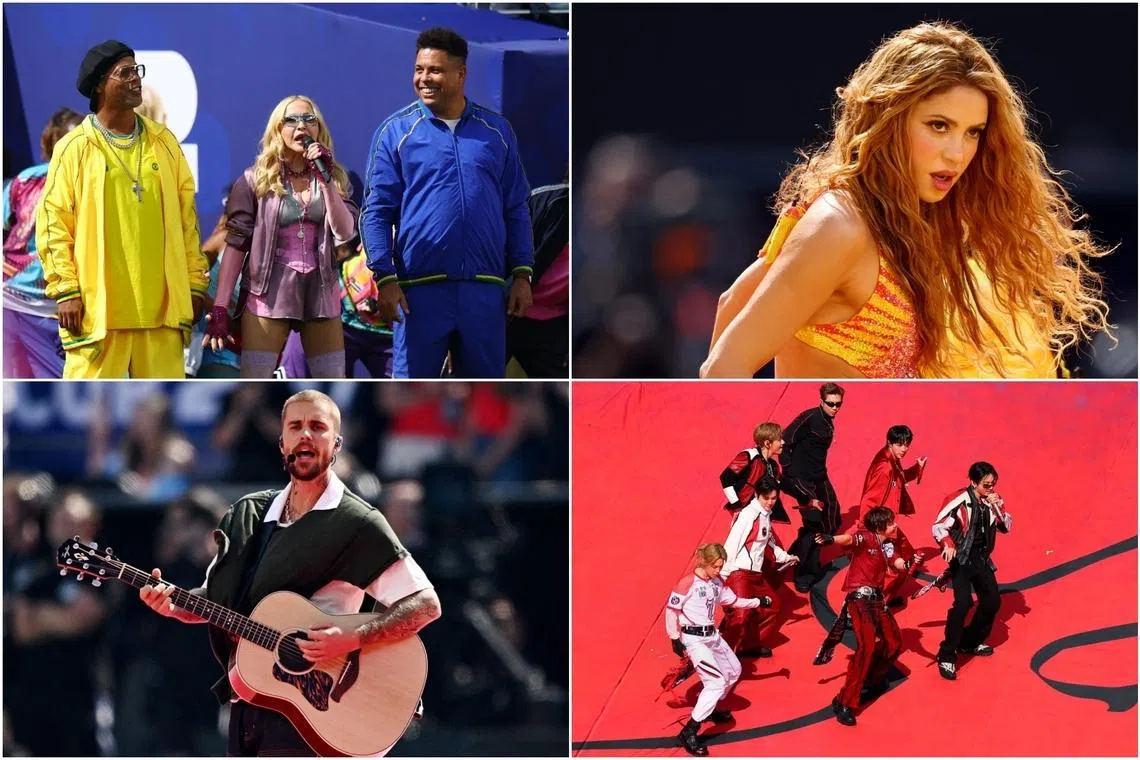 (Clockwise from top left) Former Brazil football players Ronaldinho and Ronaldo appear on stage with Madonna. Shakira, BTS and Justin Bieber perform during the World Cup final halftime show on July 19.
