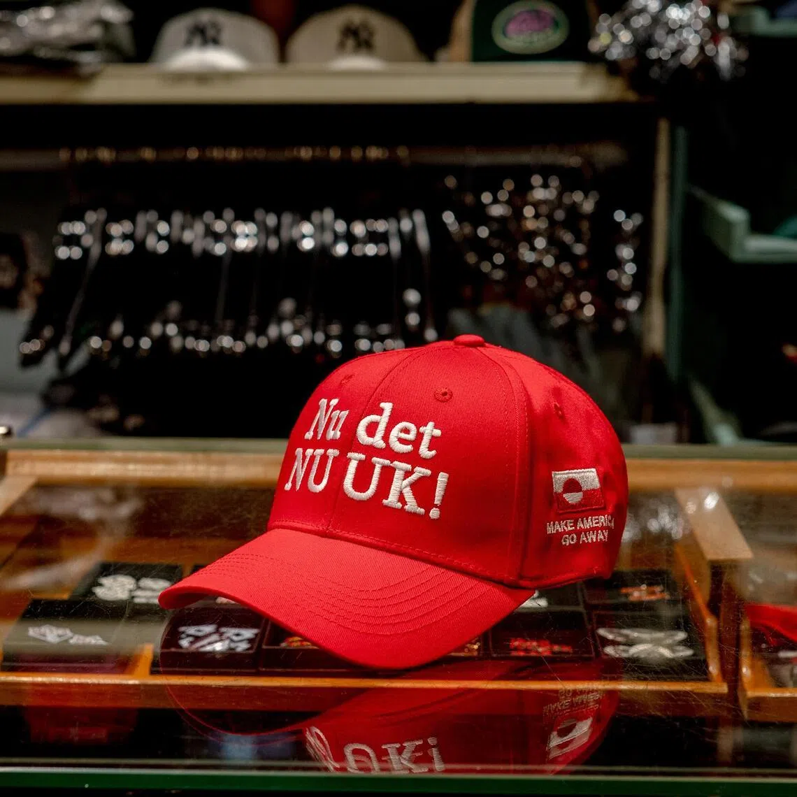 A hat saying "Make America Go Away" and "Nu det Nuuk!" meaning "now is enough!" for sale at McKorman in Copenhagen, Denmark.