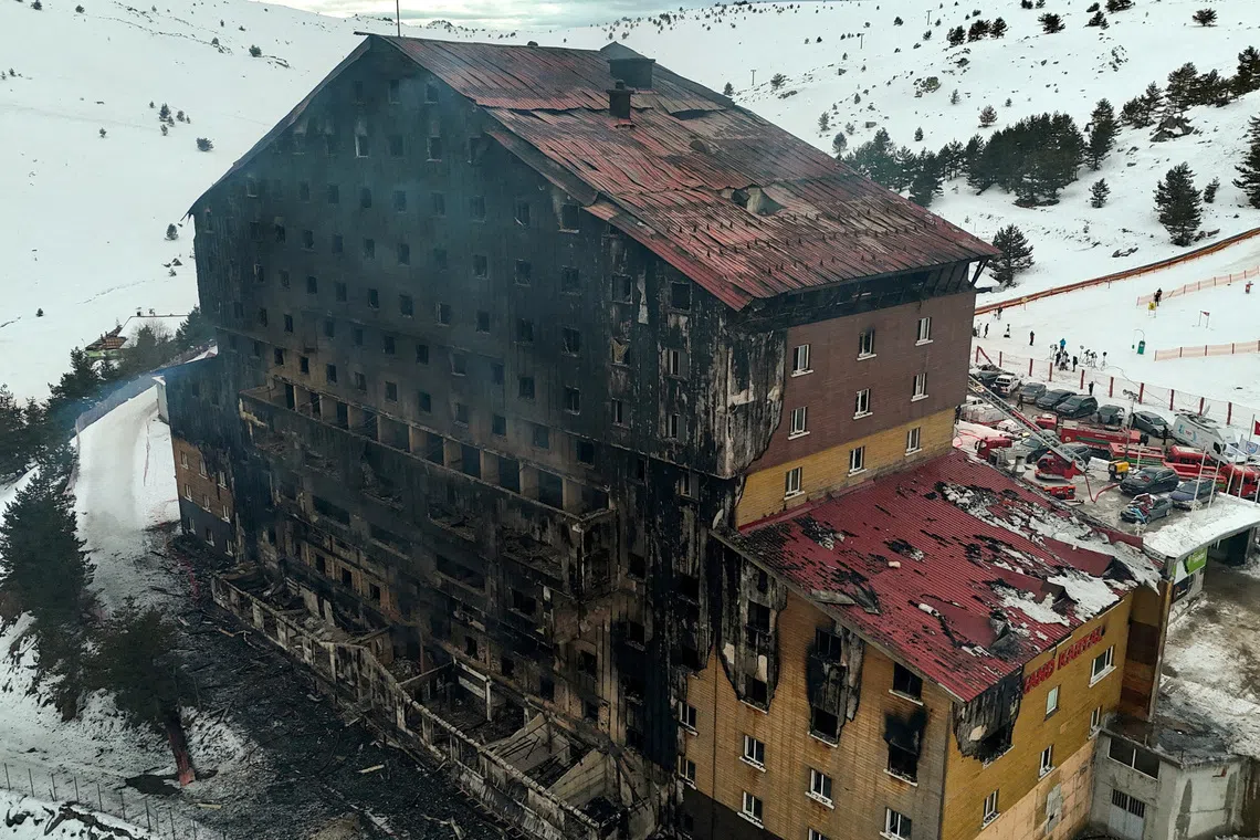 FILE PHOTO: A drone view shows the aftermath of a fire at a hotel in the ski resort of Kartalkaya in Bolu, Turkey, January 21, 2025. REUTERS/Murad Sezer/File Photo
