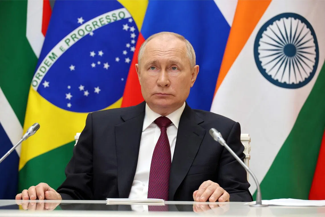 Russian President Vladimir Putin attending the 2023 BRICS summit via a video link in Moscow, on Aug 23.
