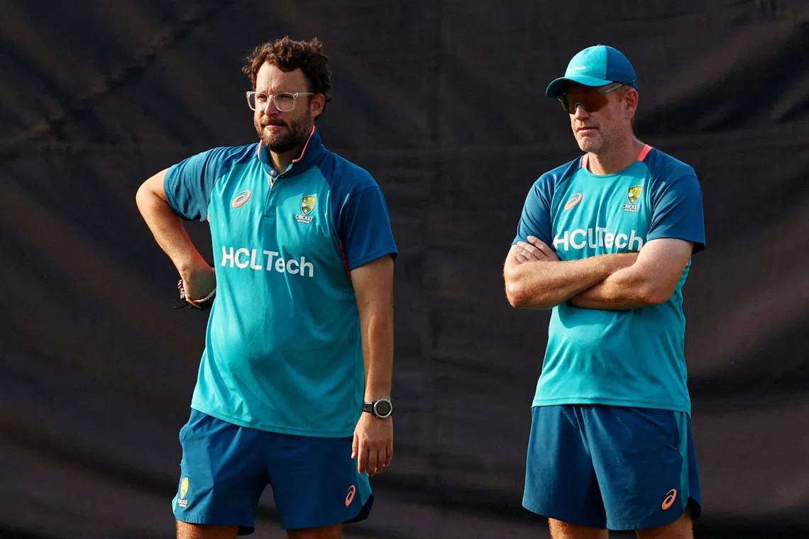 FILE PHOTO: Cricket - ICC Cricket World Cup 2023 - Semi-Final - Australia Practice - Eden Gardens, Kolkata, India - November 14, 2023 Australia head coach Andrew McDonald with assistant coach Daniel Vettori during practice REUTERS/Andrew Boyers/File Photo