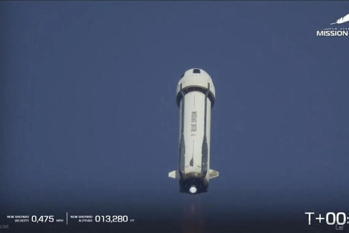 TOPSHOT - This screen grab taken from a Blue Origin broadcast shows Blue Origin New Shepard’s flight NS-31 lift off from Launch Site One in Van Horn, West Texas, April 14, 2025. The all-female crew consists of former NASA scientist Aisha Bowe, bioastronautics scientist Amanda Nguyen, US journalist Gayle King, US singer Katy Perry, community filmmaker Kerianne Flynn ang Jeff Bezos’ fiance author Lauren Sanchez. (Photo by Handout / BLUE ORIGIN / AFP) / RESTRICTED TO EDITORIAL USE - MANDATORY CREDIT “AFP PHOTO / HANDOUT / BLUE ORIGIN “ - NO MARKETING NO ADVERTISING CAMPAIGNS - DISTRIBUTED AS A SERVICE TO CLIENTS