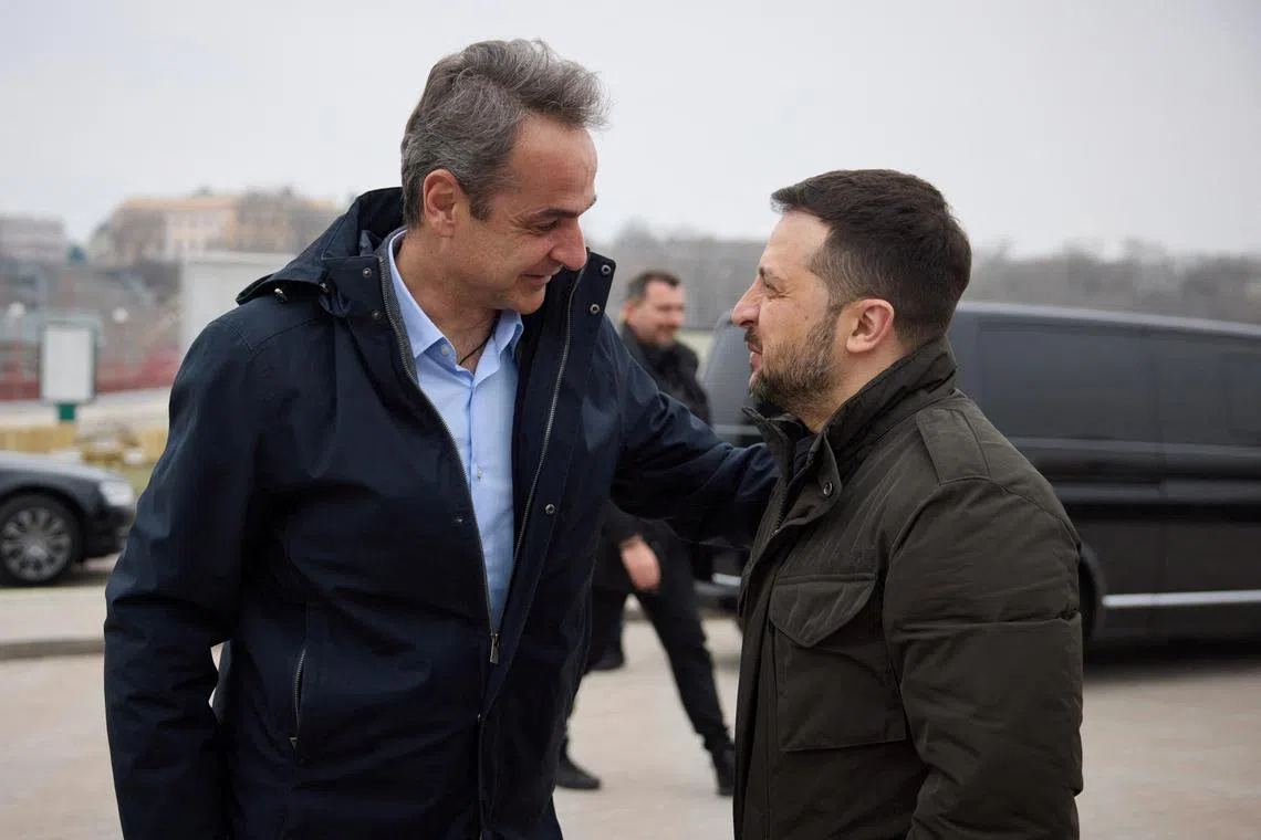 Ukraine's President Volodymyr Zelenskiy welcomes Greek Prime Minister Kyriakos Mitsotakis at Odesa's sea port.