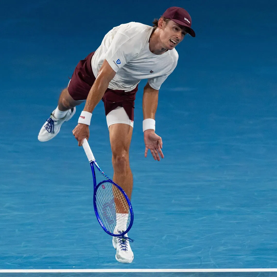 Jan 21, 2026; Melbourne, Victoria, Australia; Alex de Minaur of Australia in action against Hamad Medjedovic of Serbia in the second round of the men’s singles at the Australian Open at Rod Laver Arena in Melbourne Park. Mandatory Credit: Mike Frey-Imagn Images