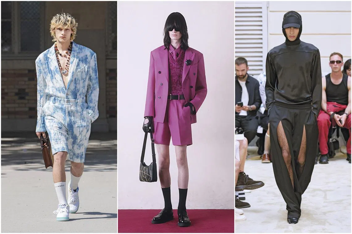 (From left) Spring 2024 menswear collections by Feng Chen Wang, Ernest W. Baker and Burc Akyol.