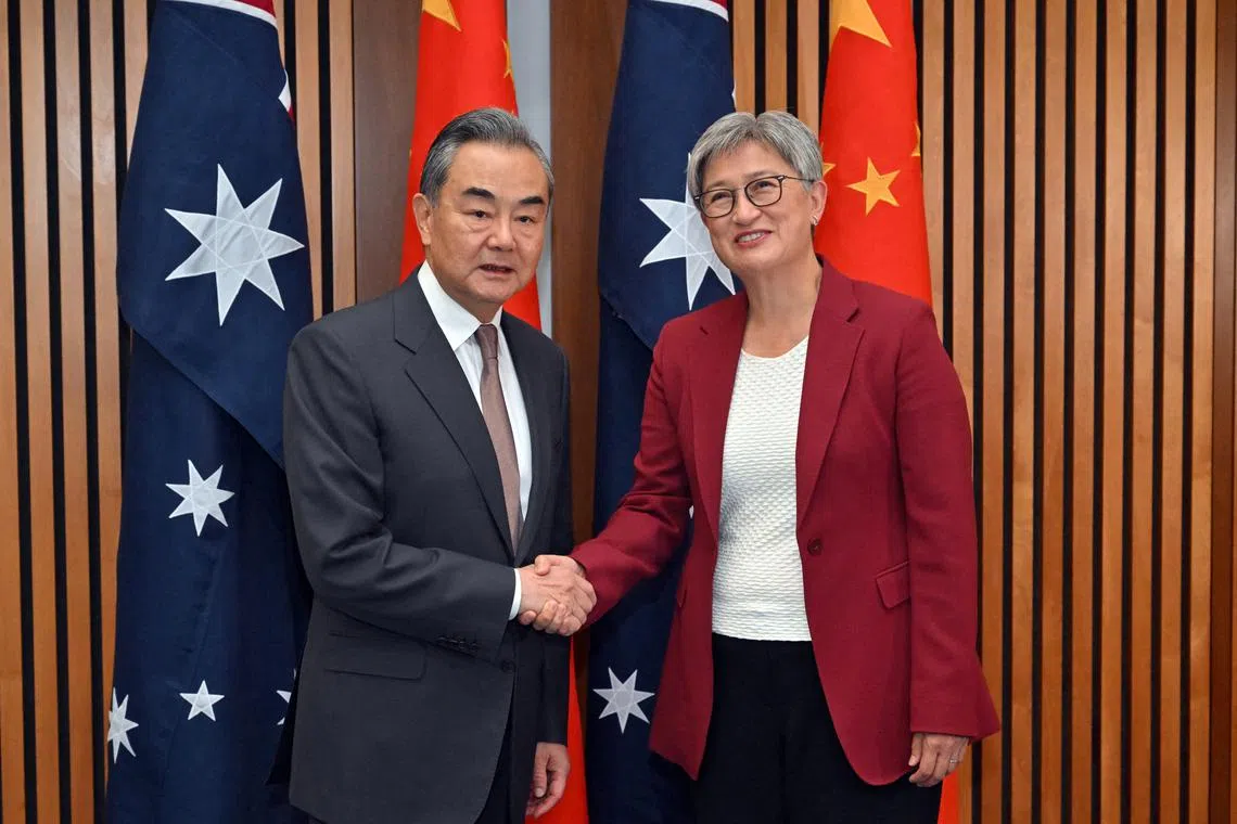 China’s Foreign Minister Wang Yi meets with Australia's Foreign Affairs Minister Penny Wong at Parliament House, in Canberra, March 20, 2024. Mick Tsikas/AAP/via REUTERS