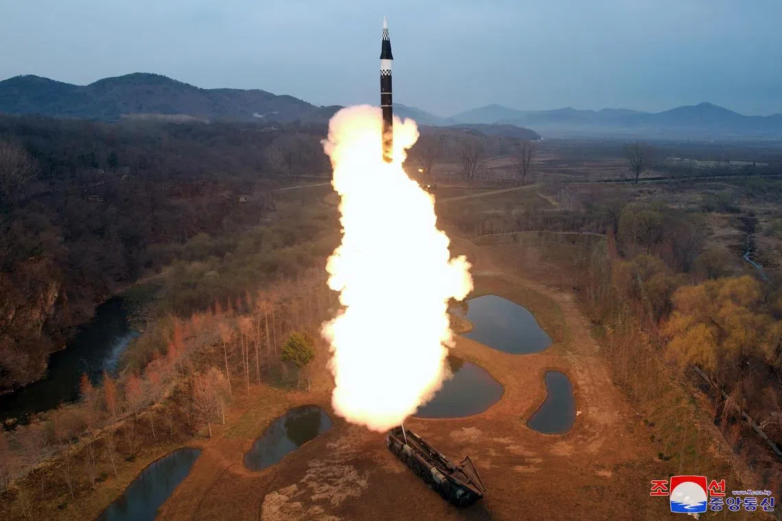 A new mid- to long-range, solid-fuel, hypersonic missile is launched at an unknown location in North Korea on April 2.