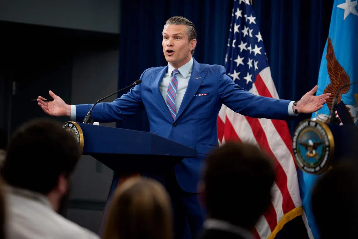 US Defence Secretary Pete Hegseth speaking to the media at the Pentagon on June 26, in Arlington, Virginia.