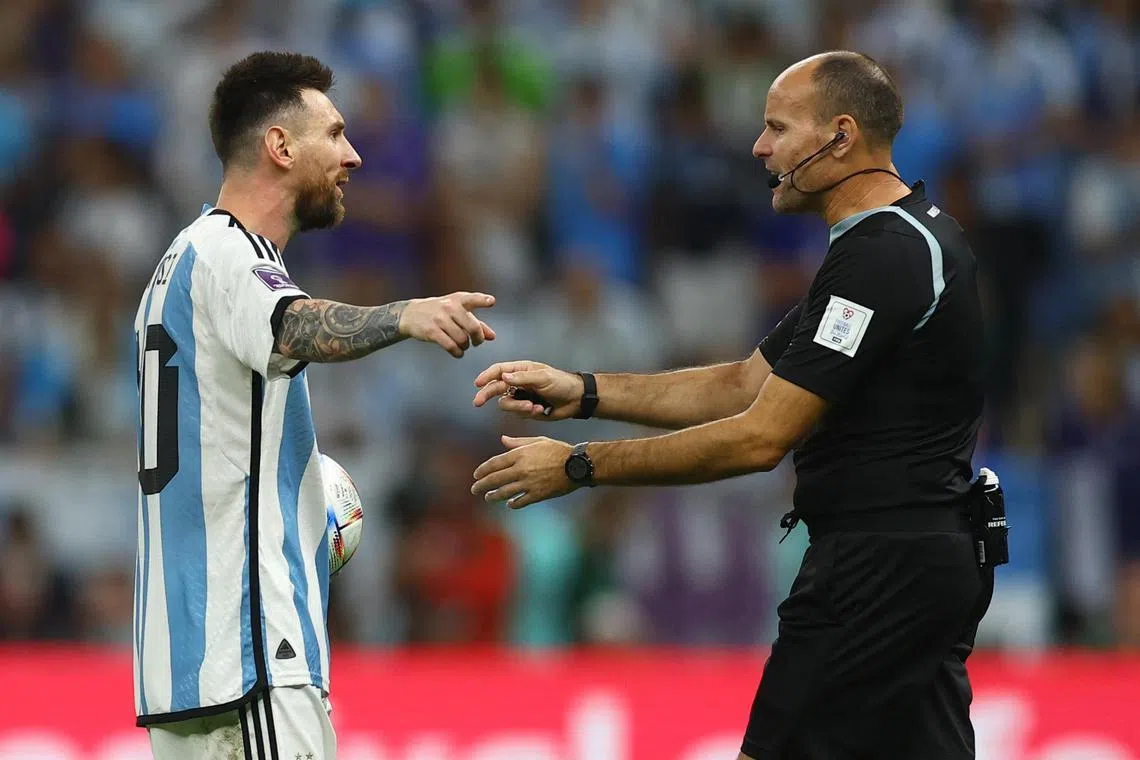 Argentina's Lionel Messi remonstrating with referee Antonio Mateu Lahoz during Friday's game against the Netherlands. 