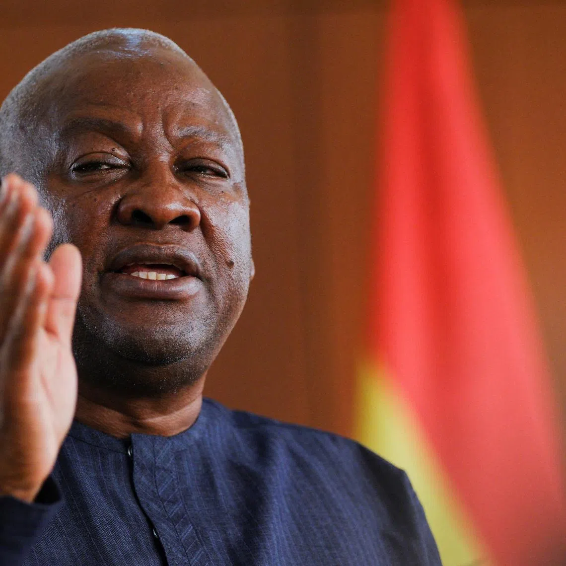 FILE PHOTO: Ghana's President-elect John Dramani Mahama, 66, speaks with Reuters journalists in his office after general elections, in Accra, Ghana, December 13, 2024. REUTERS/Francis Kokoroko/File Photo