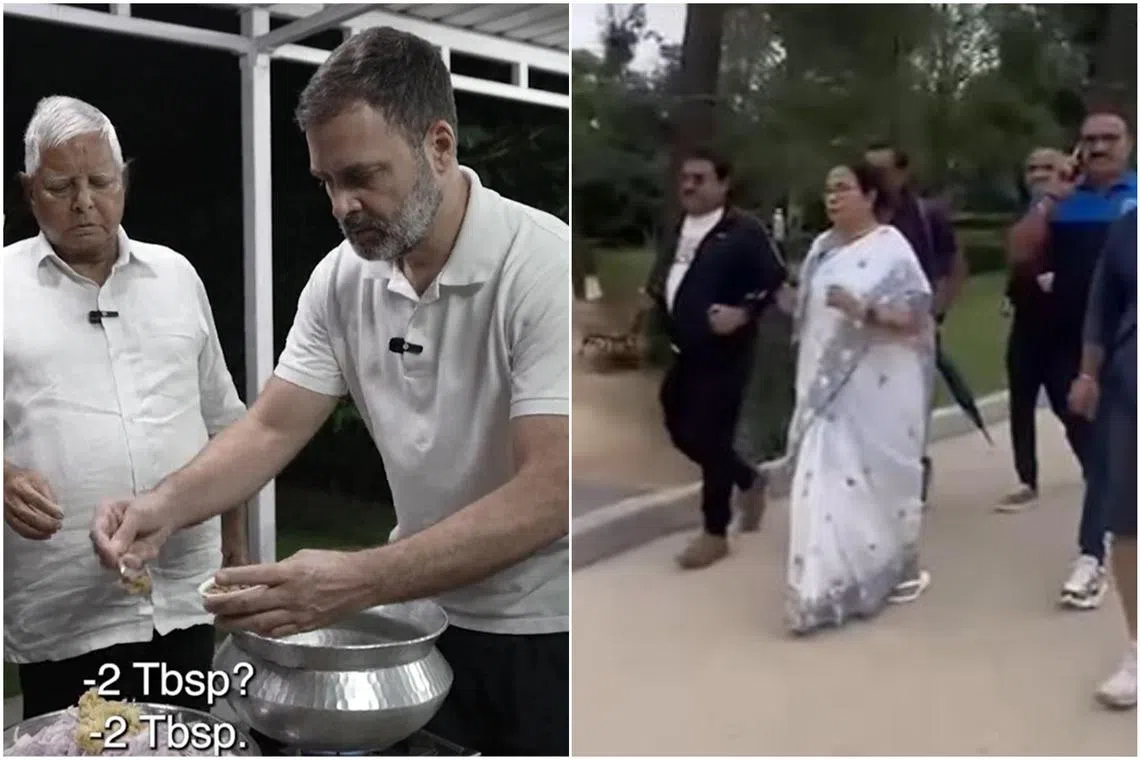 Indian opposition leader Rahul Gandhi making mutton curry and West Bengal chief minister Mamata Banerjee jogging in her trademark white and blue sari and slippers.