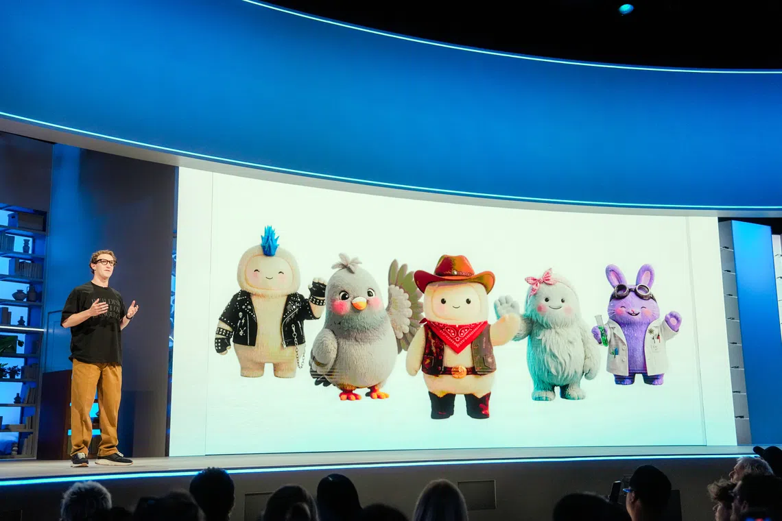 Mark Zuckerberg, Meta’s chief executive, with various iterations of the Muse avatar in Menlo Park, California, on Sept 23.