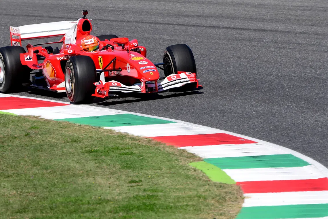 Mick Schumacher drives the Ferrari F2004 of his father Michael Schumacher in 2020.