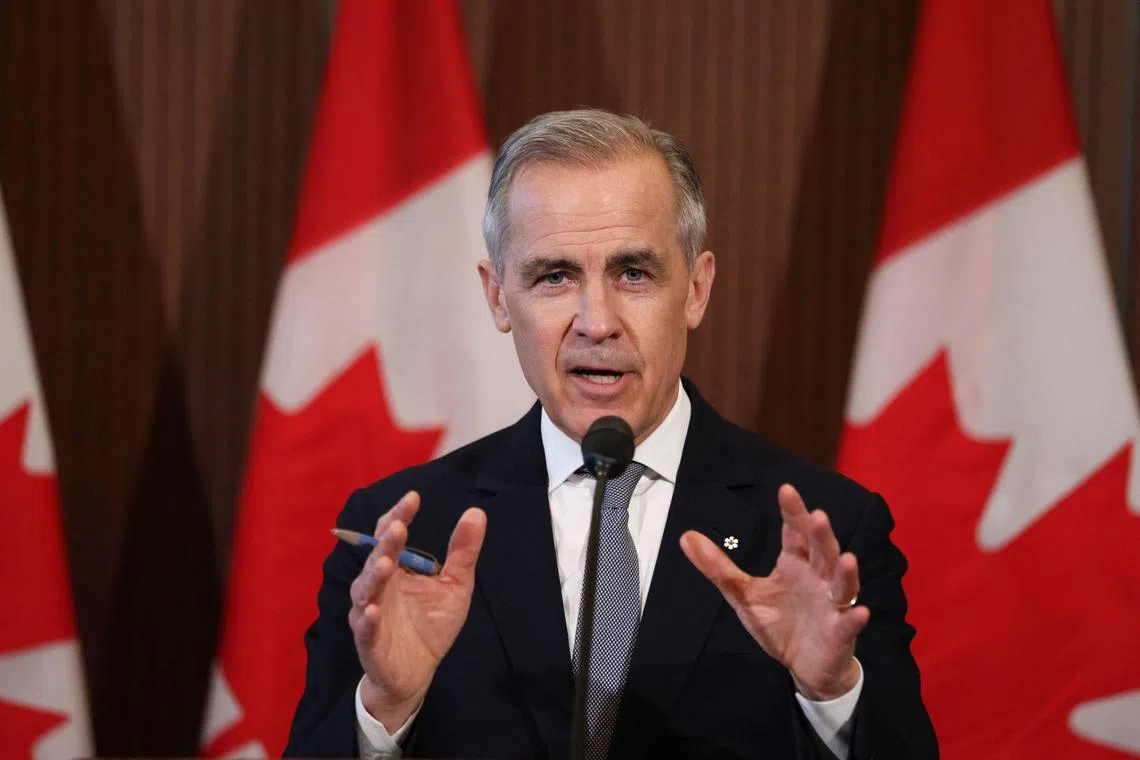 Canada's Prime Minister, Mr Mark Carney, speaking to the media after meeting with his Cabinet over the US' new auto tariffs, on March 27.