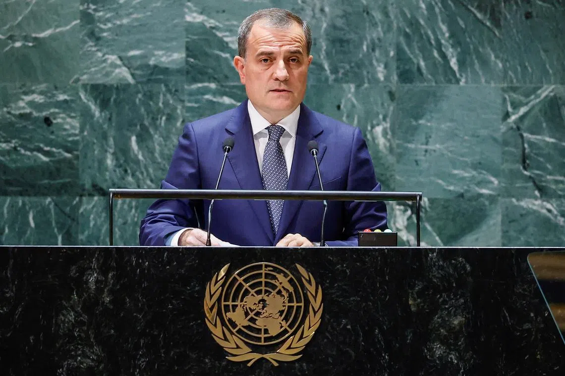 Azerbaijan's Foreign Minister Jeyhun Bayramov Hassen addresses the UN General Assembly in New York City.