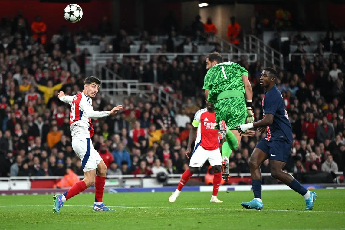 Arsenal's Kai Havertz scoring the opening goal in their 2-0 Champions League win over Paris Saint-Germain on Oct 1.