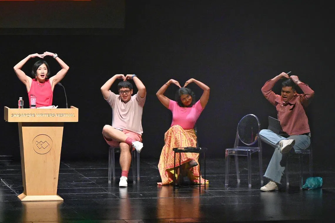 Closing debate of Singapore Writers Festival
at Victoria Theatre on Nov 17, 2024. 
The Plastics from left : Jo Tan ; 
Crispin Rodrigues ; Melizarani T. Selva and 
Hafidz Rahman.