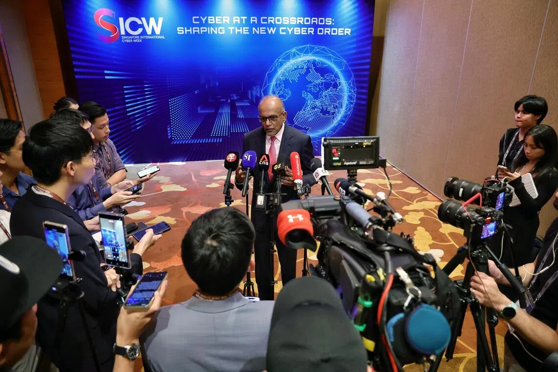 Senior Minister K Shanmugam, who is also Coordinating Minister for National Security and Home Affairs Minister, speaking with media on the sidelines of the Singapore International Cyber Week 2026 in Marina Bay Sands Expo and Convention Centre on Oct 13, 2026. ST PHOTO: KEVIN LIM knshan13