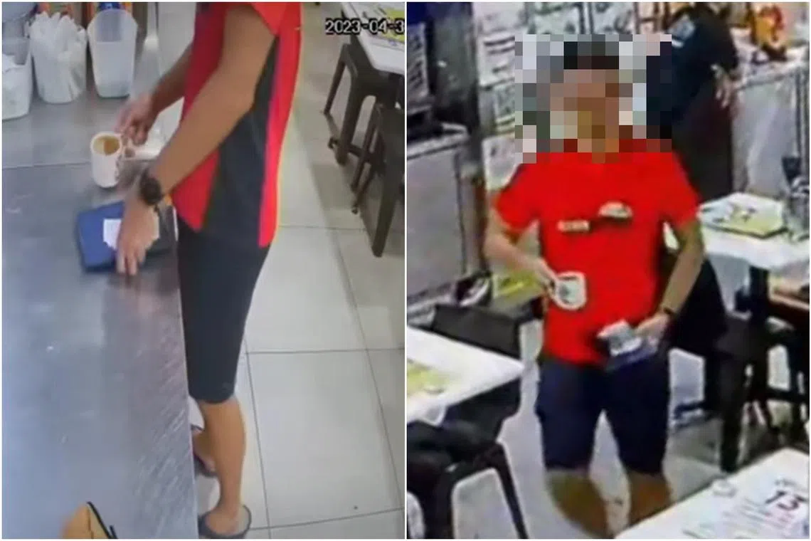 A man in a red shirt makes an order at the drinks counter, before taking the iPad and placing it in his bag.