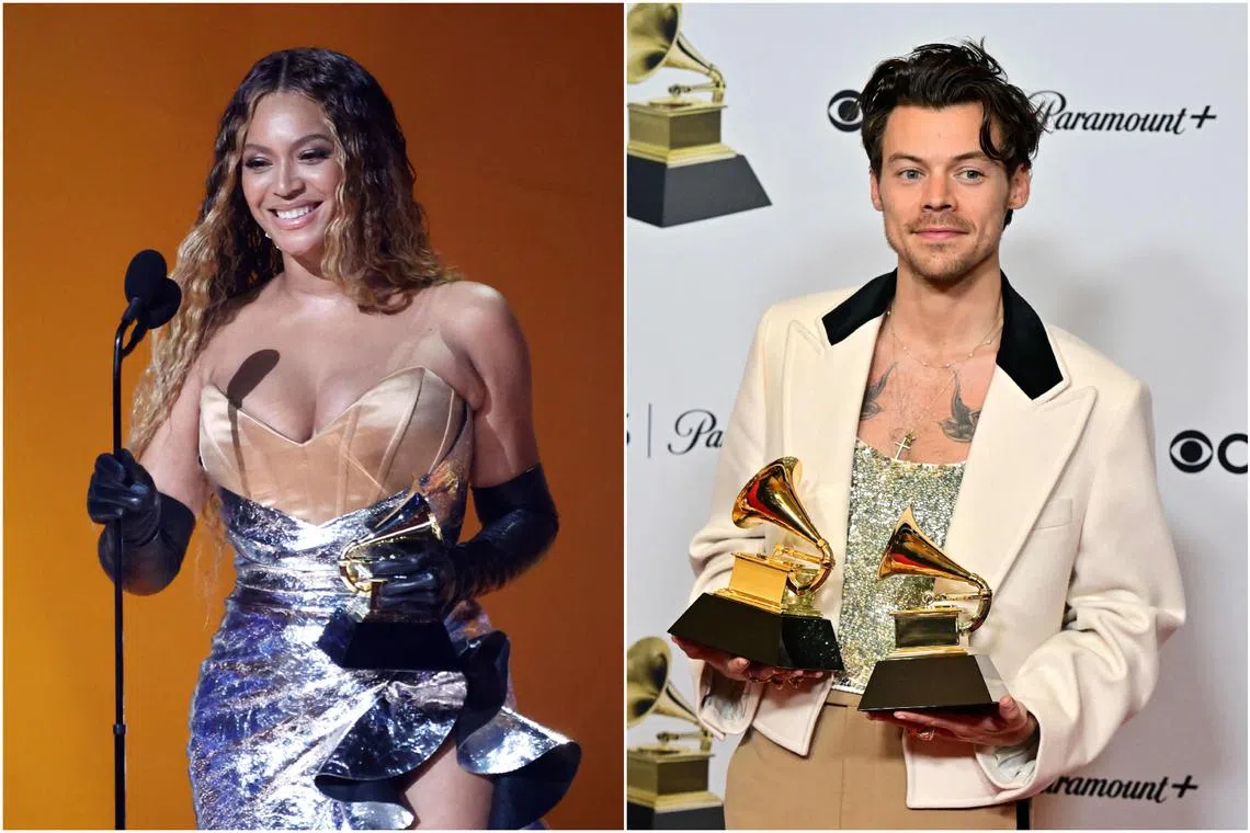 Beyonce (left) added four Grammys to her collection but lost in the prestigious album of the year category to Harry Styles.