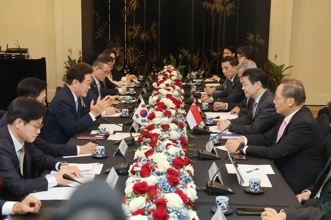 Prime Minister Lawrence Wong (second from right) meets South Korean President Lee Jae Myung (third from left) during the latter’s state visit to Singapore on March 2. South Korea and Singapore are now among each other’s top 10 trading partners.