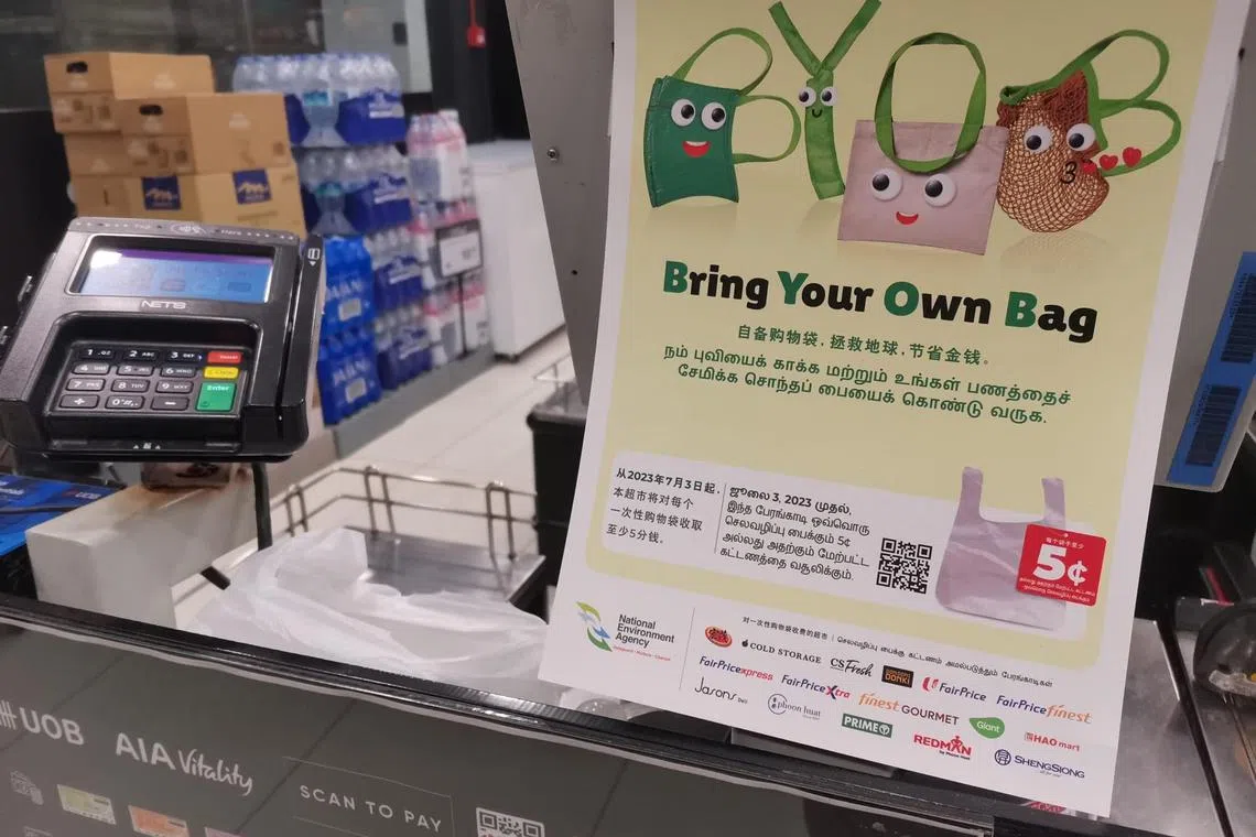 All set for Monday when free plastic bags at many supermarkets will be a thing of the past The Straits Times