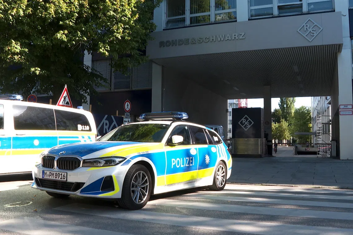 Police secures the area after a suspected politically motivated arson attack on a construction site outside the headquarters of defence tech firm Rohde & Schwarz in Munich, Germany, September 3, 2026.     REUTERS/Louisa Off