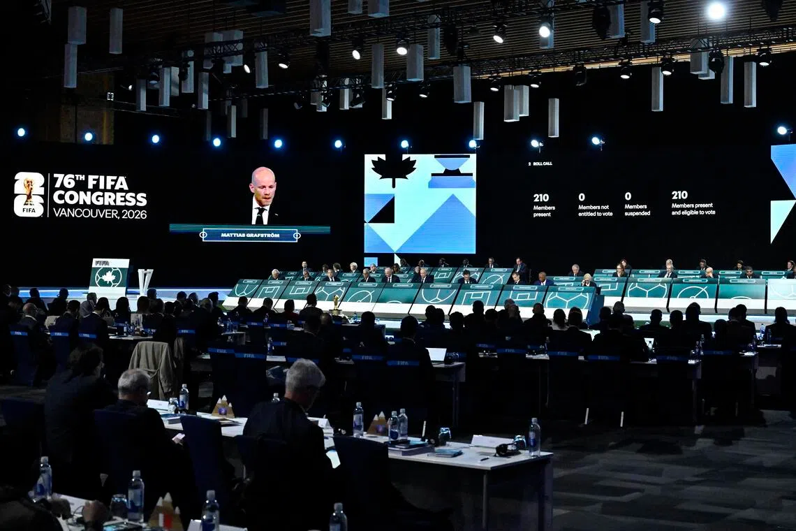 General view as FIFA secretary-general Mattias Grafstrom addresses the world football governing body's 76th congress - at Vancouver Convention Centre in Canada on April 30, 2026.