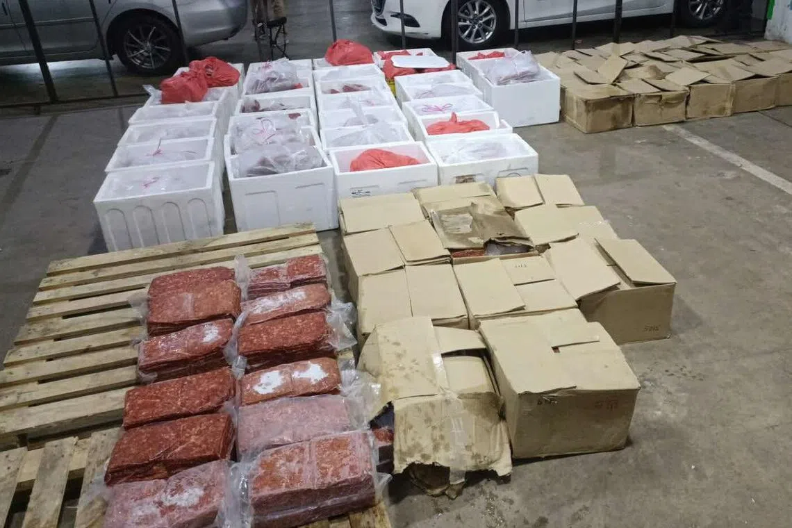 Meat products such as pork jerky were found in a refrigerated container, said SFA. 