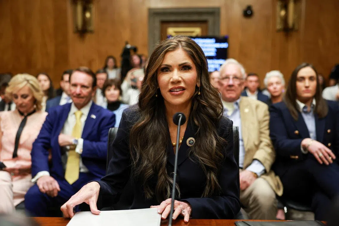 Kristi Noem, U.S. President-elect Donald Trump's secretary of Homeland Security nominee, testifies during a Senate Homeland Security and Governmental Affairs Committee confirmation hearing on Capitol Hill in Washington, U.S., January 17, 2025. REUTERS/Evelyn Hockstein
