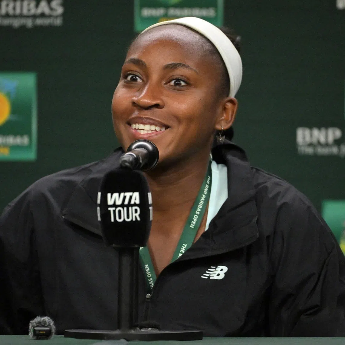 FILE PHOTO: Mar 3, 2026; Indian Wells, CA, USA;  Coco Gauff (USA) speaks to the media at a news conference during the BNP Paribas Open at the Indian Wells Tennis Garden. Mandatory Credit: Jayne Kamin-Oncea-Imagn Images/File Photo