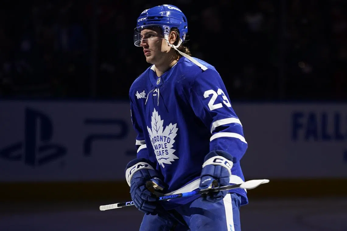 Nov 8, 2024; Toronto, Ontario, CAN; Toronto Maple Leafs forward Matthew Knies (23) skates during the player introductions before a game against the Detroit Red Wings  at Scotiabank Arena. Mandatory Credit: John E. Sokolowski-Imagn Images/ File Photo