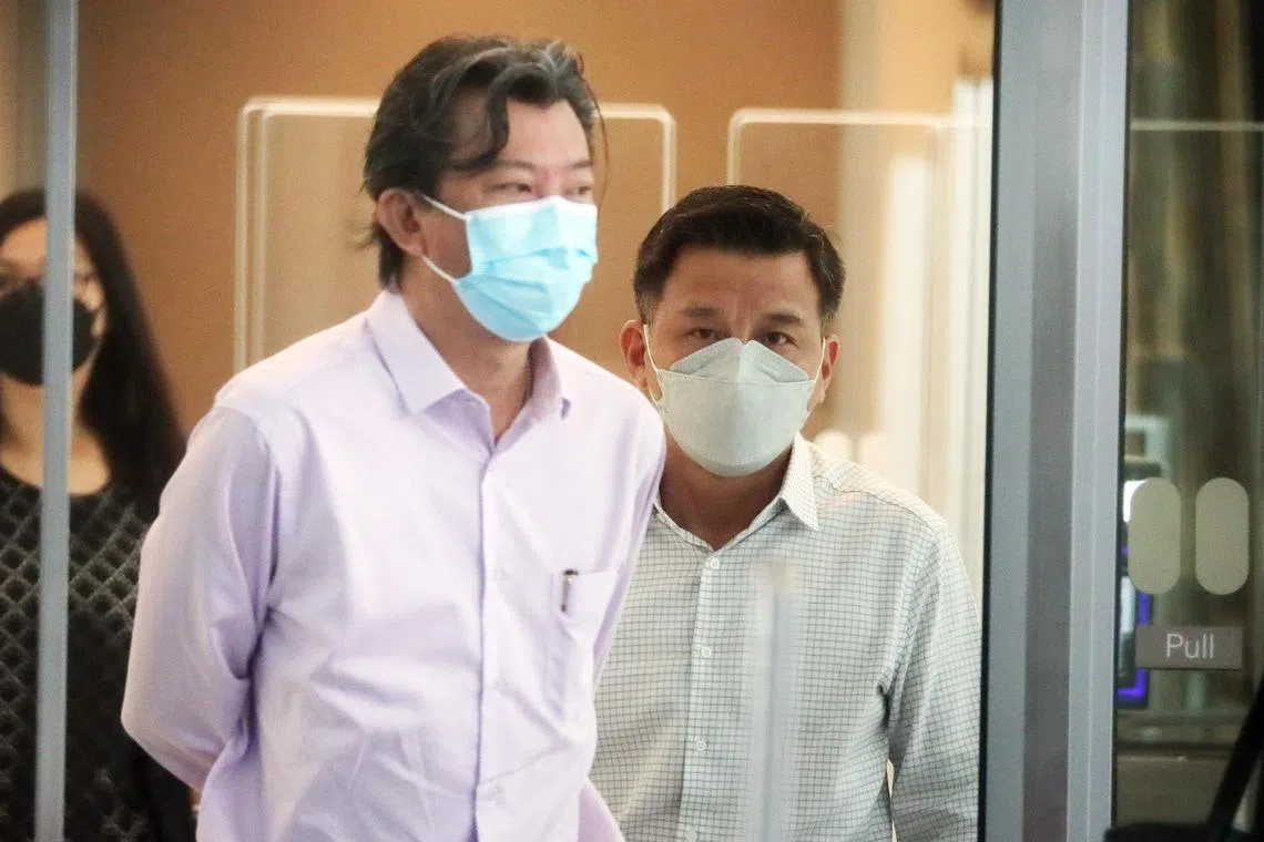 Neo Chye Koon (left) and Wong Chee Thiam at the courts in March 2022. They each pleaded guilty to a graft charge on Oct 13.
