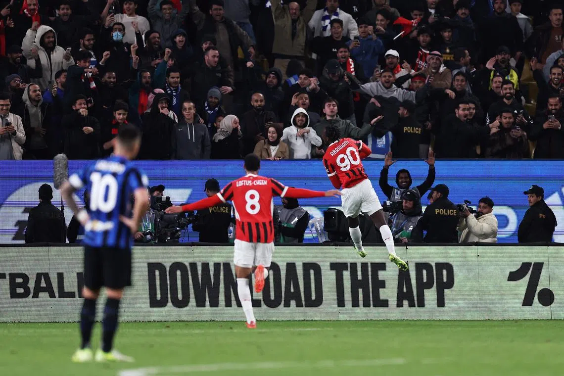 Soccer Football - Italian Super Cup - Final - Inter Milan v AC Milan - Al Awwal Park, Riyadh, Saudi Arabia - January 6, 2025 AC Milan's Tammy Abraham celebrates scoring their third goal REUTERS/Hamad I Mohammed/ File Photo