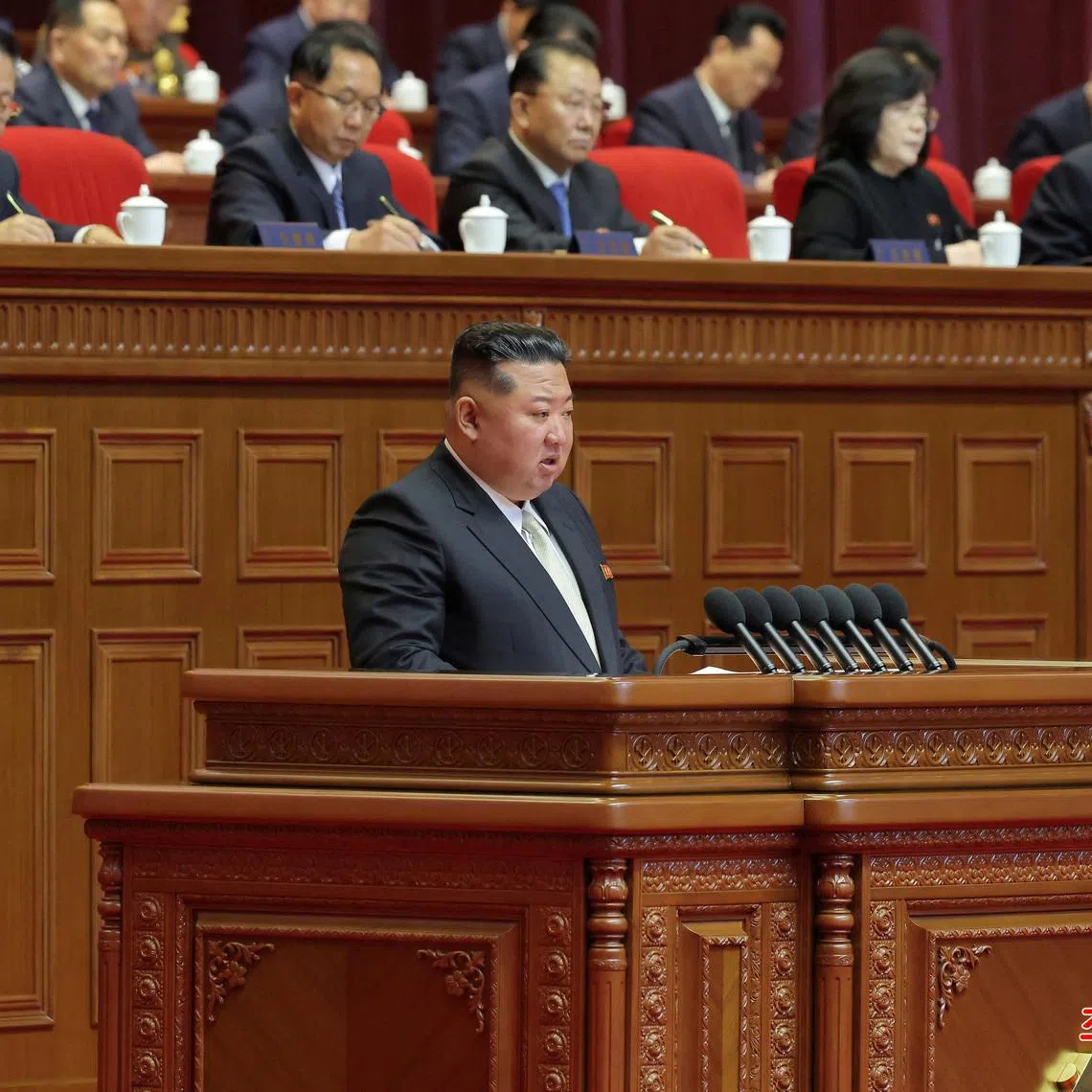 North Korean leader Kim Jong Un speaks during the fifth session of the Ninth Congress of the Workers' Party of Korea (WPK), in Pyongyang, North Korea, February 23, 2026, in this picture released February 24, 2026, by North Korea's official Korean Central News Agency. KCNA via REUTERS