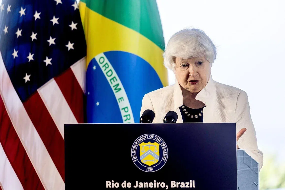 Janet Yellen, US Treasury secretary, at a news conference during the Group of 20 (G-20) finance ministers and central bank governors meeting in Rio de Janeiro, Brazil, on Thursday, July 25, 2024. G-20 finance ministers gathering this week in Rio de Janeiro will likely issue a joint declaration on Thursday calling for studies on how governments can increase transparency and fairness when it comes to taxing individuals, according to officials from multiple countries attending the meetings. Photographer: Dado Galdieri/Bloomberg
