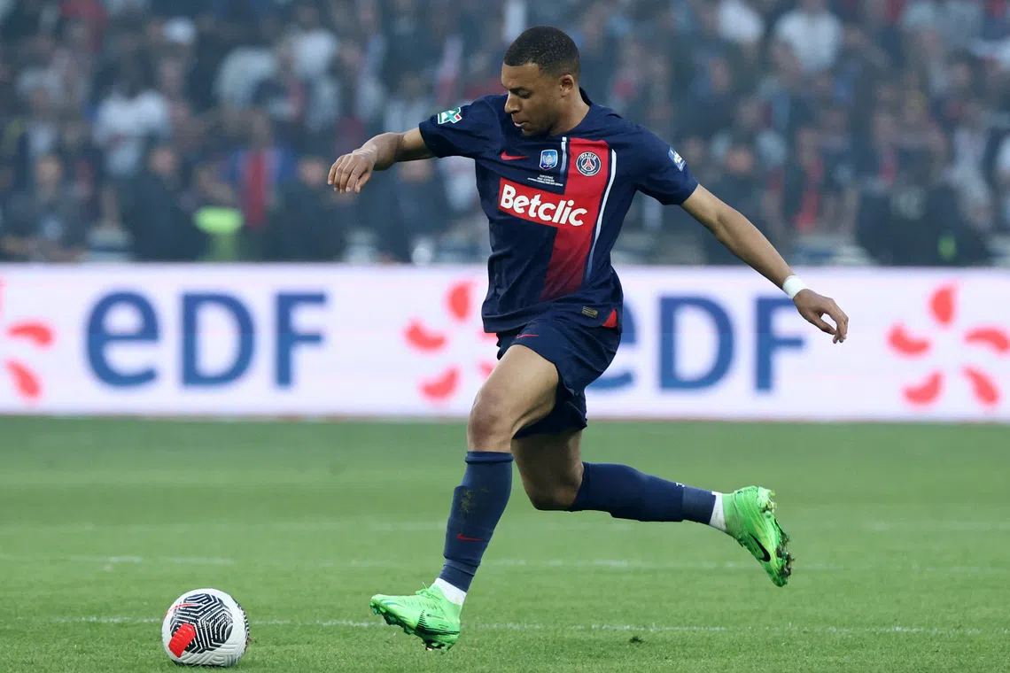 Soccer Football - Coupe de France - Final - Olympique Lyonnais v Paris St Germain - Stade Pierre-Mauroy, Villeneuve-d'Ascq, France - May 25, 2024 Paris St Germain's Kylian Mbappe in action REUTERS/Catherine Steenkeste