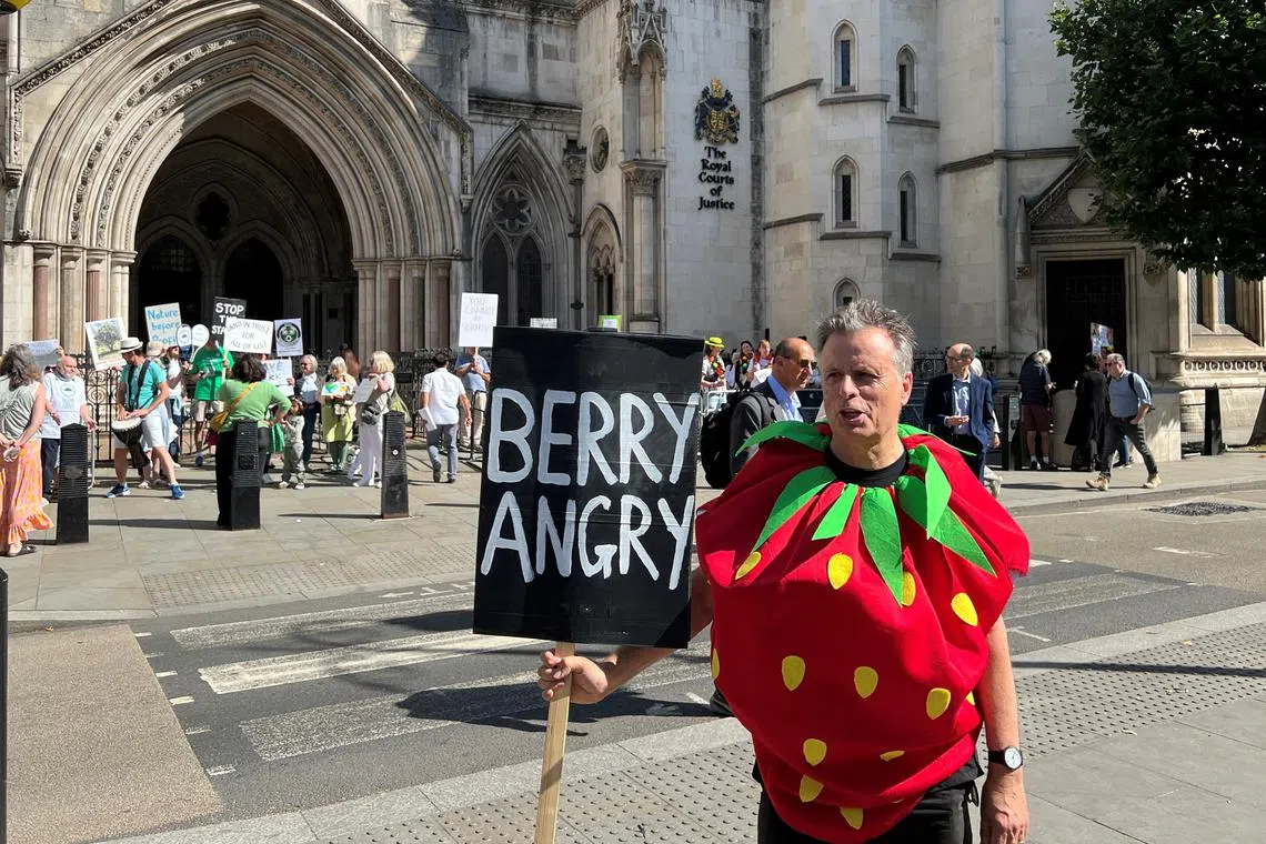 A protestor, dressed as a strawberry, from the campaign group Save Wimbledon Park, holds a sign which says \"Berry Angry\" outside the Royal Courts of Justice in London, Britain, July 8, 2025. REUTERS/Sam Tobin