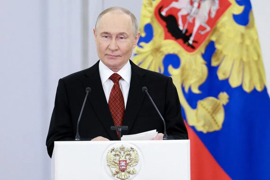 Russian President Vladimir Putin delivers a speech during a ceremony to present the Hero of Labour medals and highest state awards on Russia Day at the Kremlin in Moscow, Russia, June 12, 2025. Sputnik/Alexander Scherbak/Pool via REUTERS