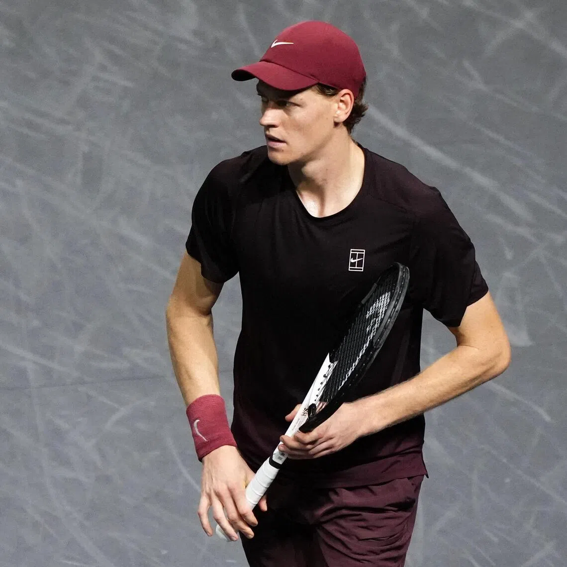 Italy's Jannik Sinner reacts after winning his men's singles semi-final match against Germany's Alexander Zverev on day six of the Paris ATP Masters 1000 tennis tournament at the Paris La Défense Arena in Nanterre, on the outskirts of Paris, on November 1, 2025. (Photo by Dimitar DILKOFF / AFP)