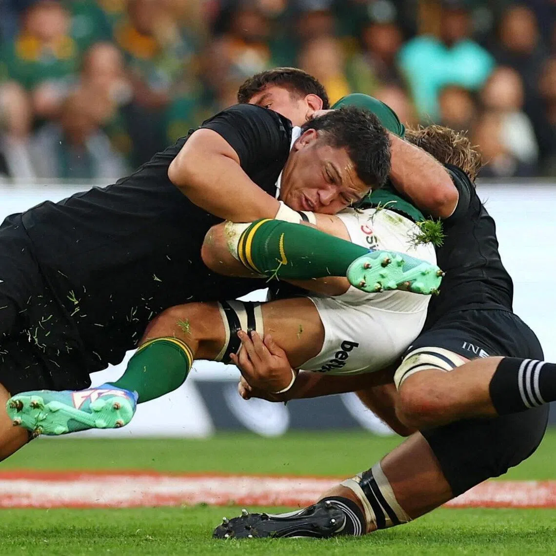 New Zealand's Tamaiti Williams in action during a Rugby Championship Test against  South Africa at Ellis Park in Johannesburg on August 31, 2024. Back-to-back world champions the Springboks have supplanted the All Blacks as the sport's standard bearers. 