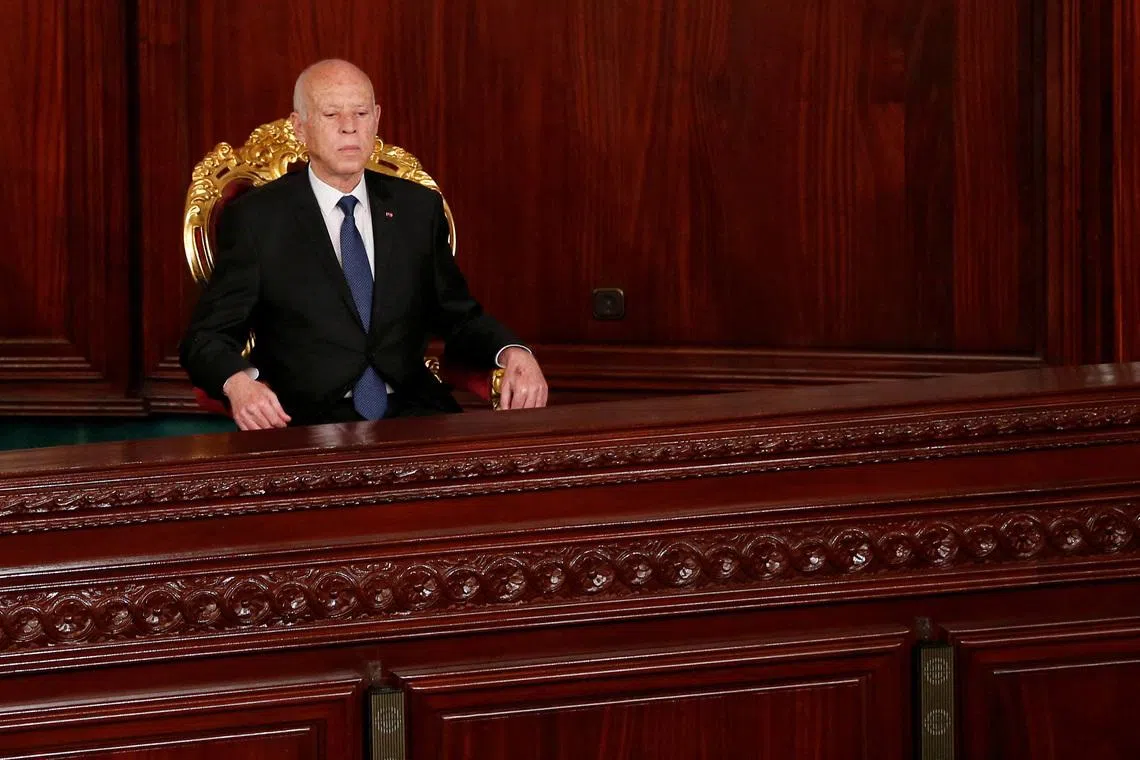 FILE PHOTO: Tunisia's President Kais Saied attends his swearing-in ceremony for his second term at the parliament in Tunis, Tunisia October 21, 2024. REUTERS/Zoubeir Souissi/File Photo