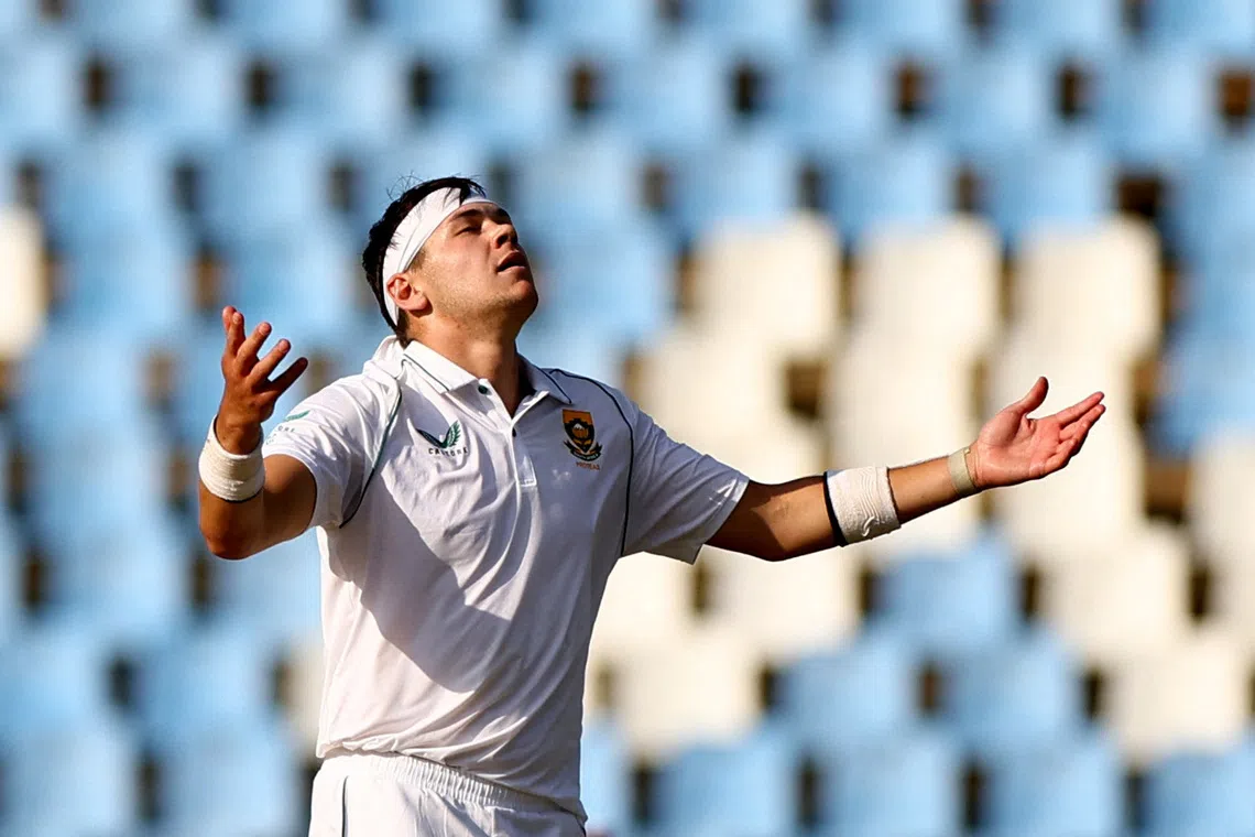 FILE PHOTO: Cricket - First Test - South Africa v West Indies - SuperSport Park Cricket Stadium, Centurion, South Africa - March 1, 2023 South Africa's Gerald Coetzee reacts REUTERS/Siphiwe Sibeko/File Photo