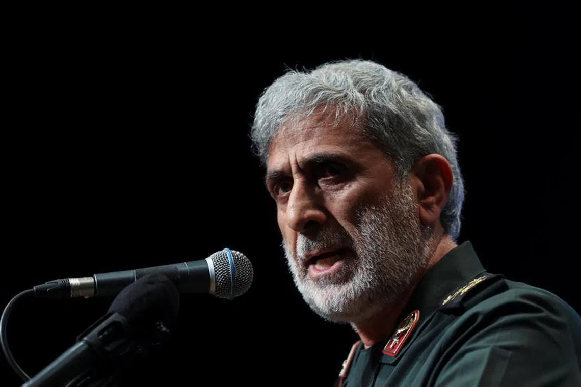 FILE PHOTO: Brigadier General Esmail Qaani, the head of the Revolutionary Guards' Quds Force, speaks during a ceremony marking the anniversary of the death of senior Iranian military commander Mohammad Hejazi, in Tehran, Iran April 14, 2022. Majid Asgaripour/WANA (West Asia News Agency) via REUTERS/File Photo